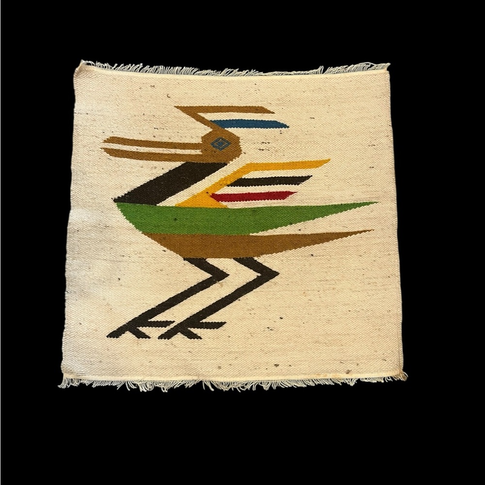 Vintage Hand Woven Wool Ecuador Folk Art Wall Floor Table Rug Roadrunner